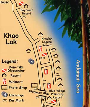 Karte von Khao Lak mit Zentren der Kon-Tiki Tauchschulen.